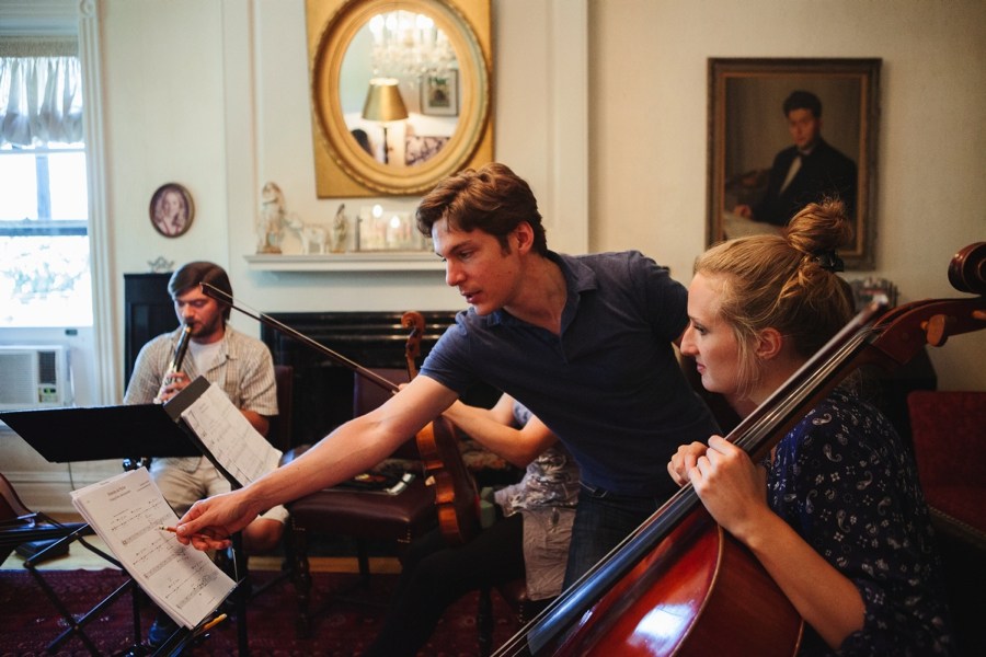 Maxime Goulet in rehearsal with Kornel Wolak, Boris Brott and the National Academy Orchestra of Canada, during the Brott Music Festival, for the piece Fishing Story, in Hamilton, in 2014. Photo: Nadia Zheng